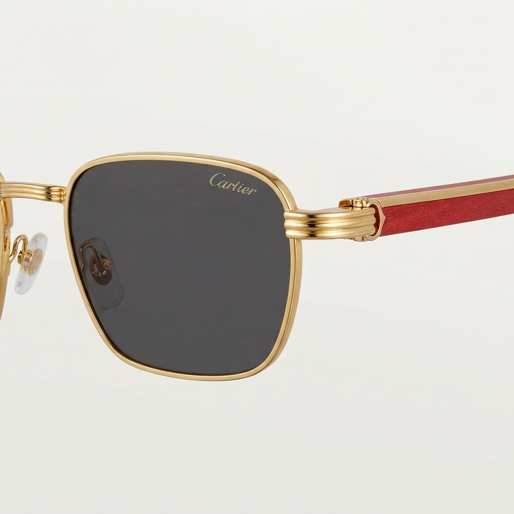 Cartier Première De Cartier Men Square Red Wood Temples Grey Sunglasses