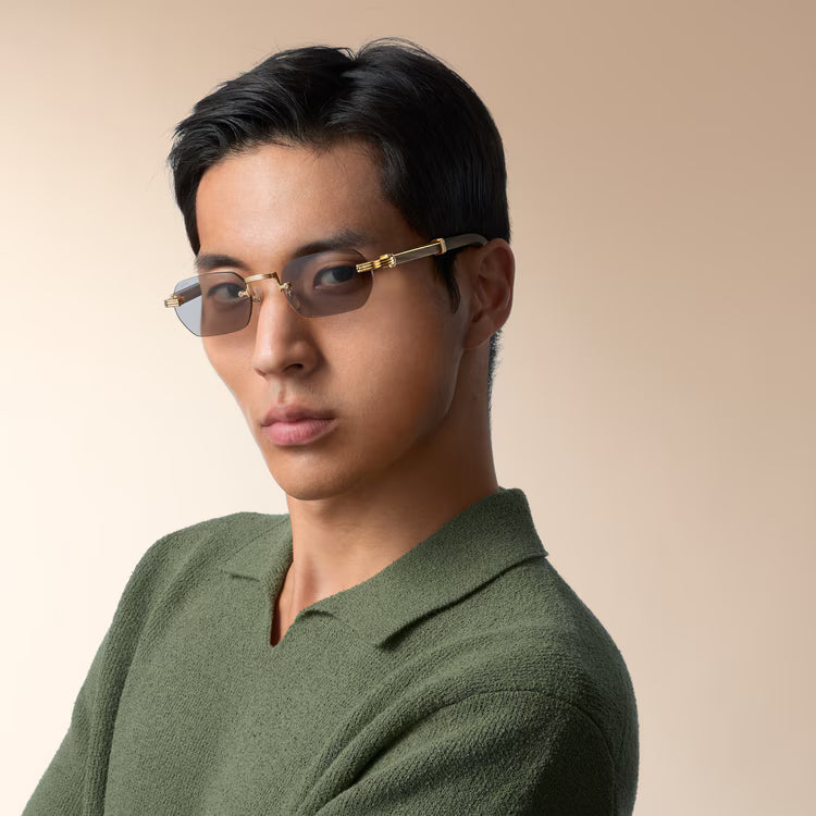 Cartier Première de Men Rimless Rectangular Grey Wood Temples & Light Grey Sunglasses