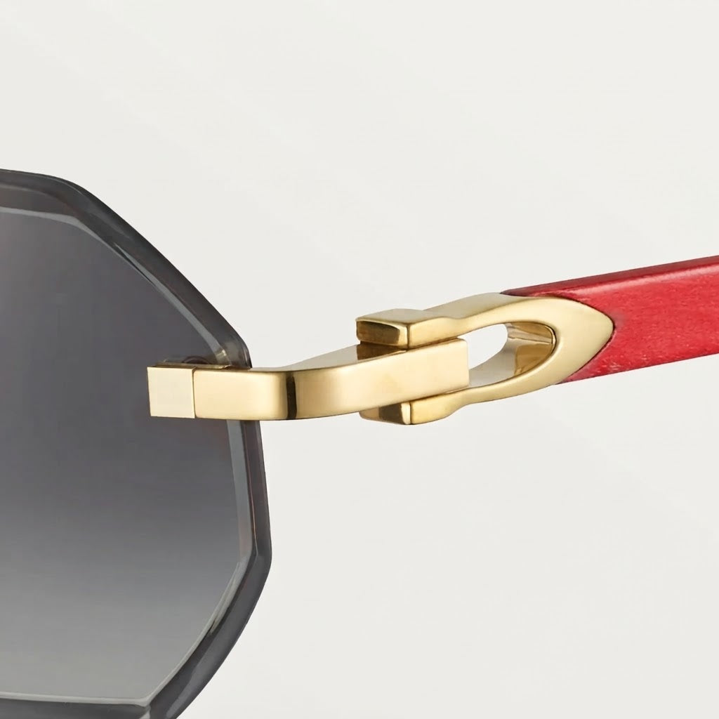 Cartier Allongé de Motif Men Rimless Red Wood Temples Grey Sunglasses