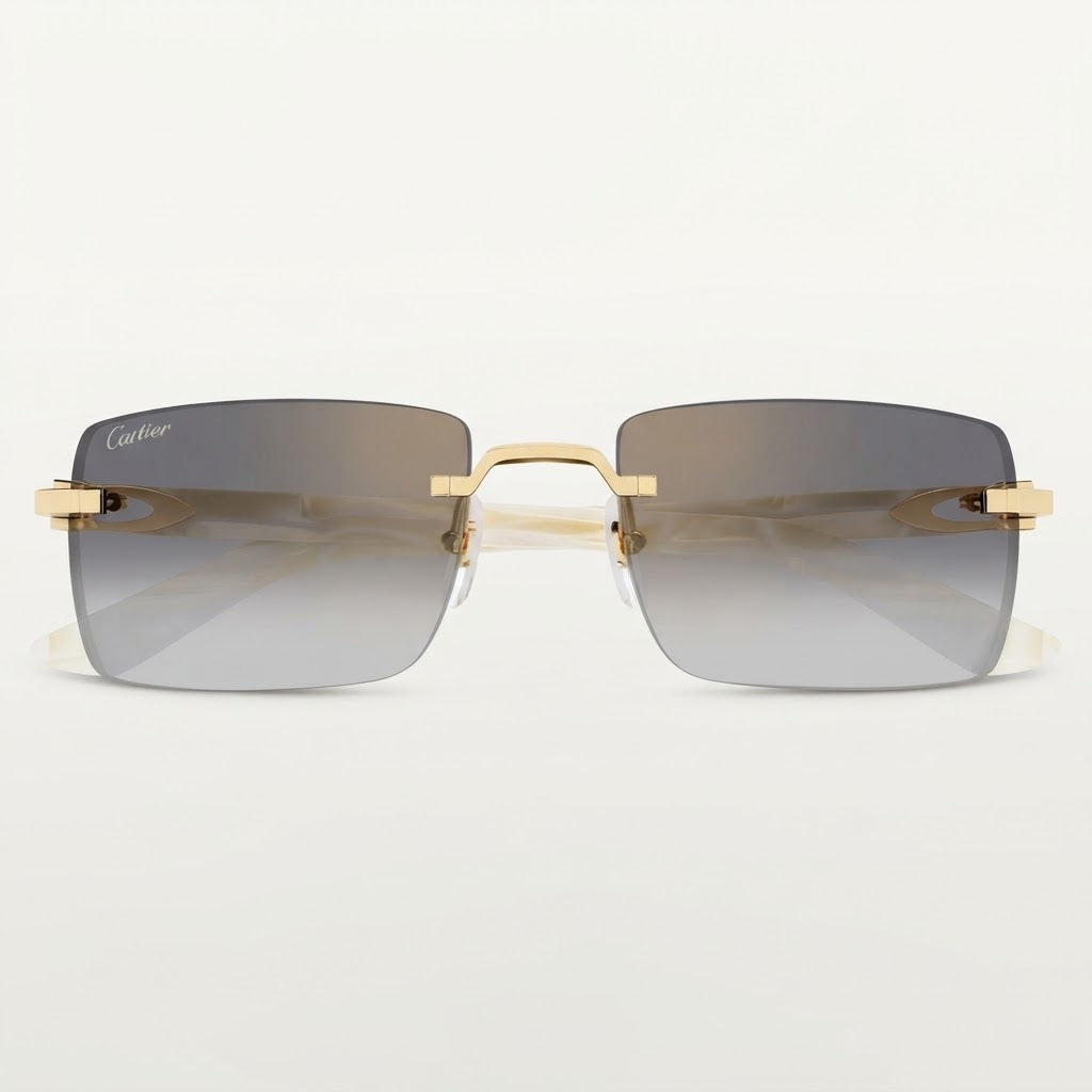 Cartier Signature Unisex Rimless Square Ivory Silk Pearl/Grey Sunglasses