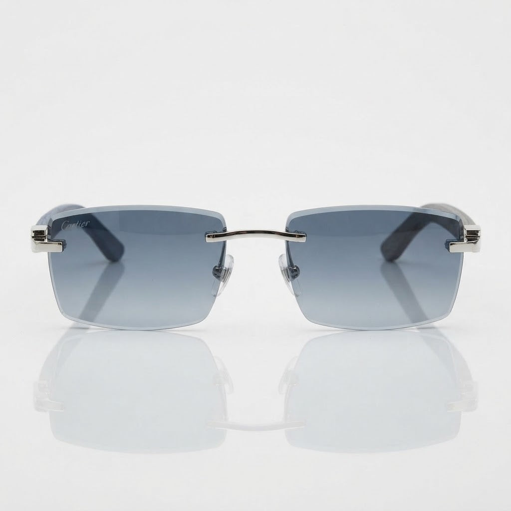   CartierDécor C de Men Rimless Rectangular Grey/Blue Wood Temples Blue Gradient Sunglasses