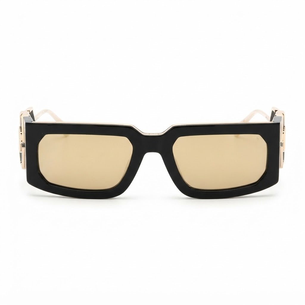 Philipp Plein SPP119M Unisex Shiny Black & Gold with Brown Gradient Square Sunglasses