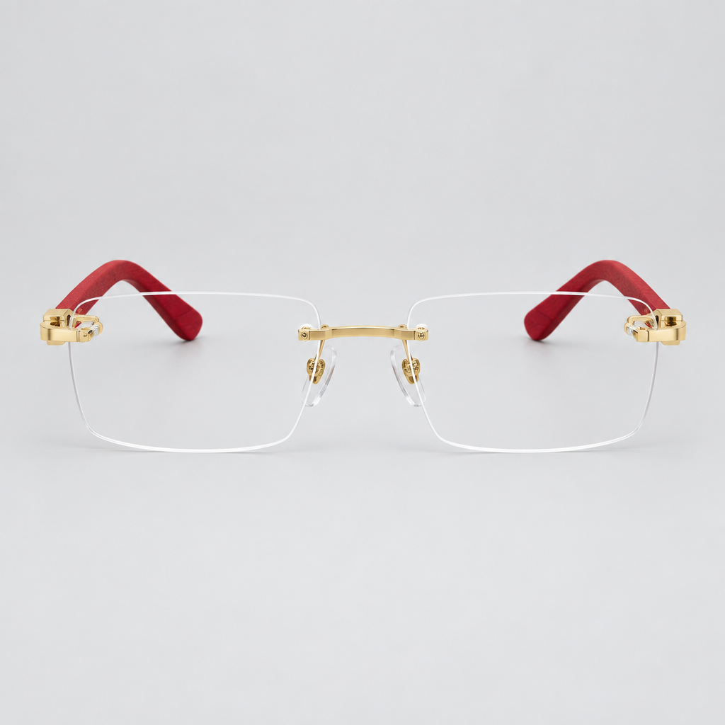 Cartier C Décor Men Rimless Red Wood Temples Transparent Glasses