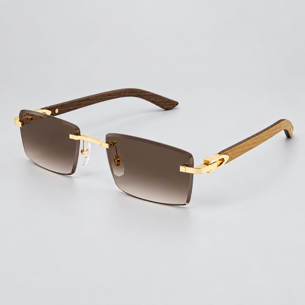 Cartier Décor C de Men Rimless Gold-Yellow Wood Temples Brown Sunglasses