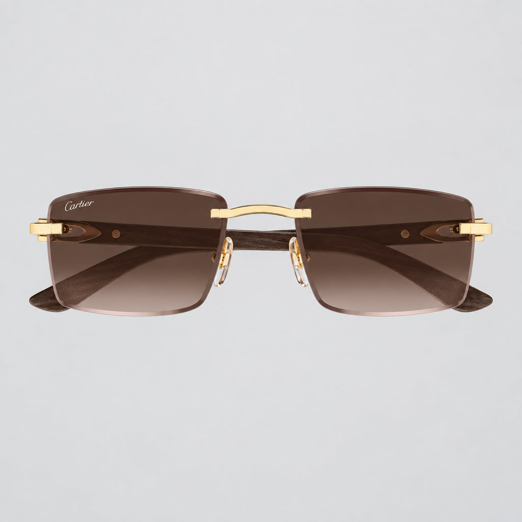 Cartier Décor C de Men Rimless Gold-Yellow Wood Temples Brown Sunglasses