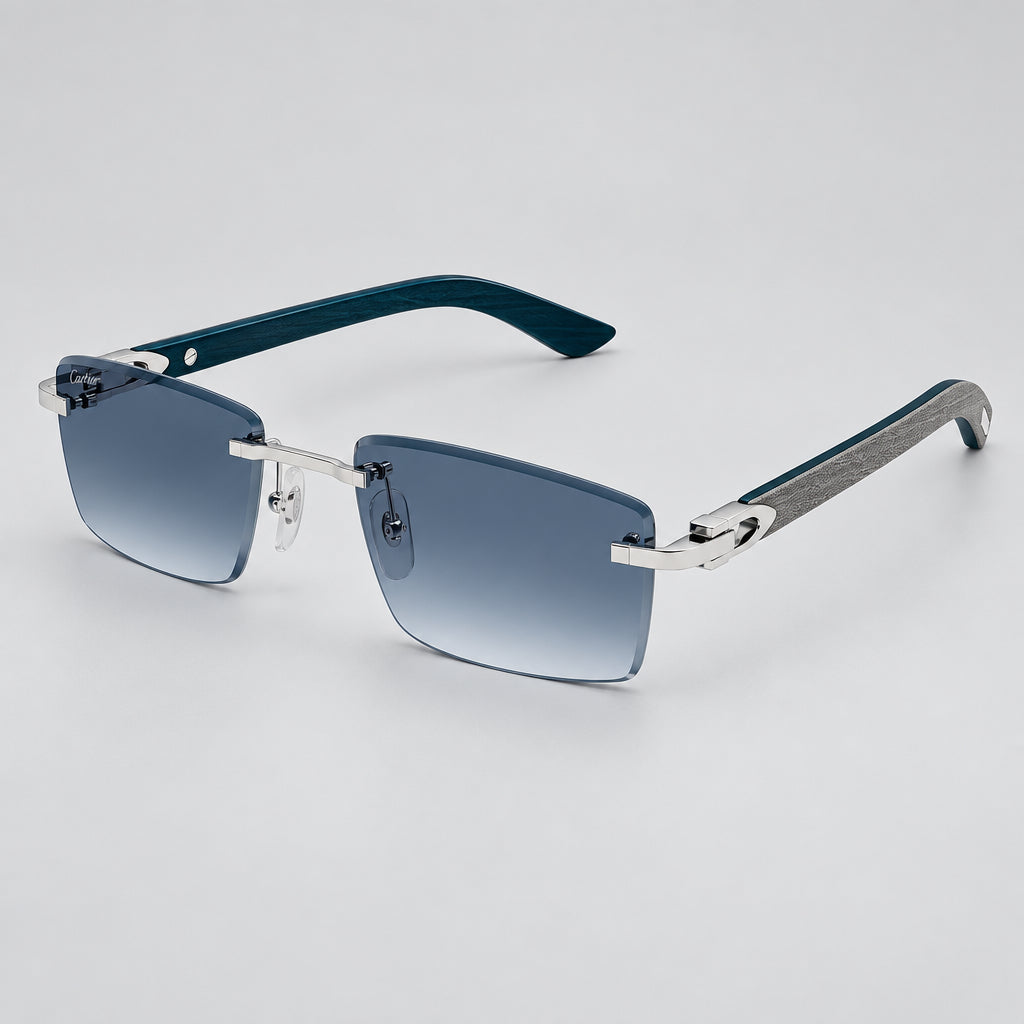 Cartier Décor C de Men Rimless Rectangular Grey/Blue Wood Temples Blue Gradient Sunglasses