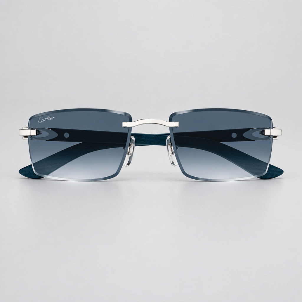 Cartier Décor C de Men Rimless Rectangular Grey/Blue Wood Temples Blue Gradient Sunglasses