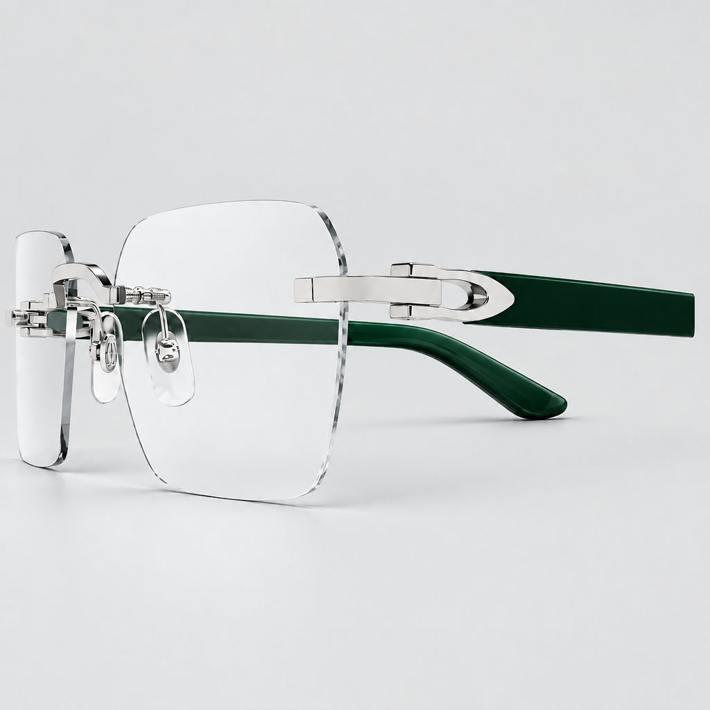 Cartier C Décor Men Rimless Dark Green Wood Temples Transparent Glasses