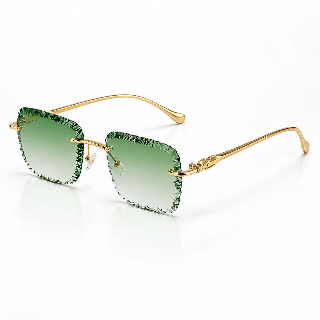 Cartier Panthère de Unisex Rimless Green Gradient Lens Split Diamond Cut Sunglasses