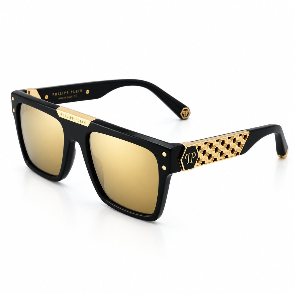 Philipp Plein Unisex SPP080 Geometric Black / Gold Sunglasses