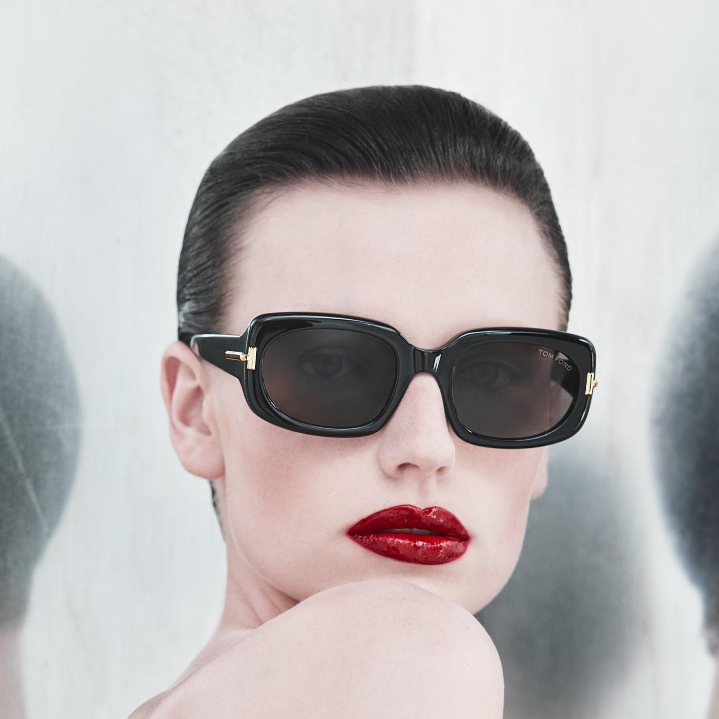 Tom Ford Women Rectangular Frame Shiny Dusty Black Sunglasses