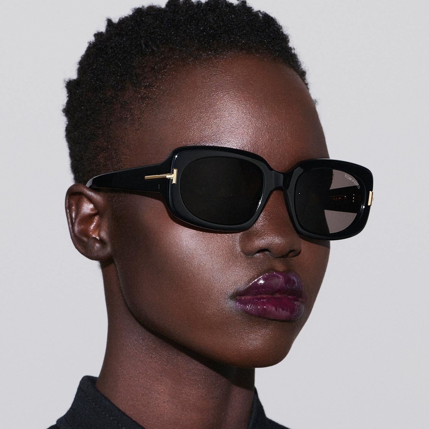 Tom Ford Women Rectangular Frame Shiny Dusty Black Sunglasses
