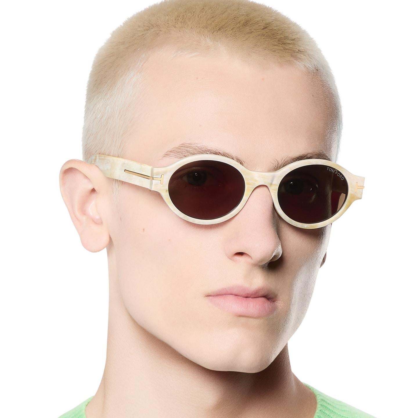Tom Ford Men Round Frame Coloured Horn Sunglasse