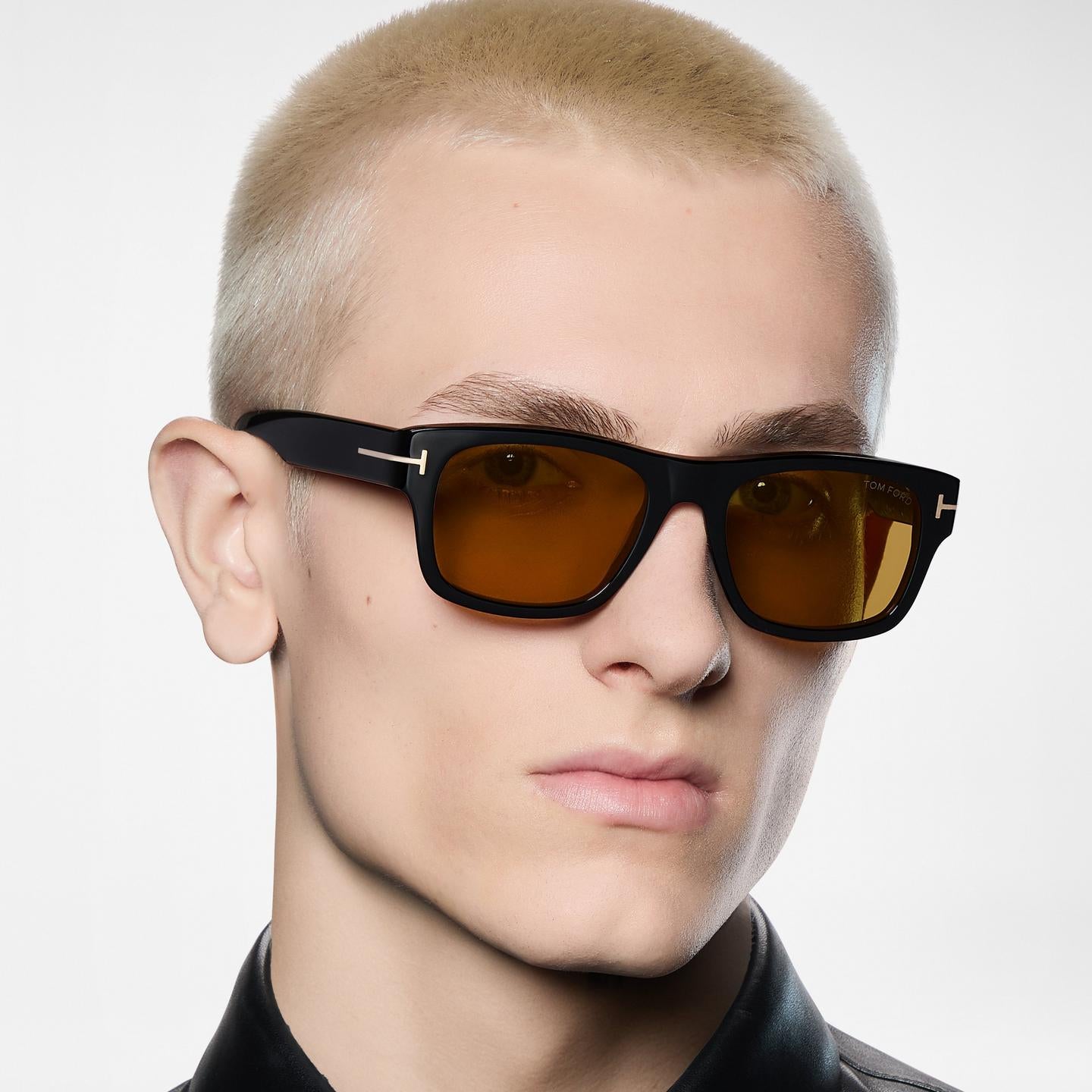 Tom Ford Men Round Square Frame Shiny Smoky Black Sunglasse