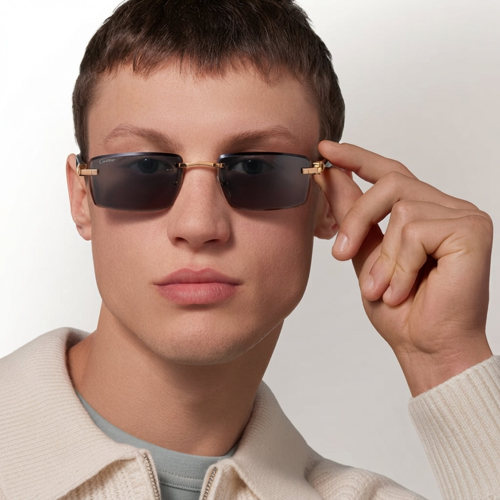 Cartier Elongated C de Motif Men Rimless Black Sunglasses