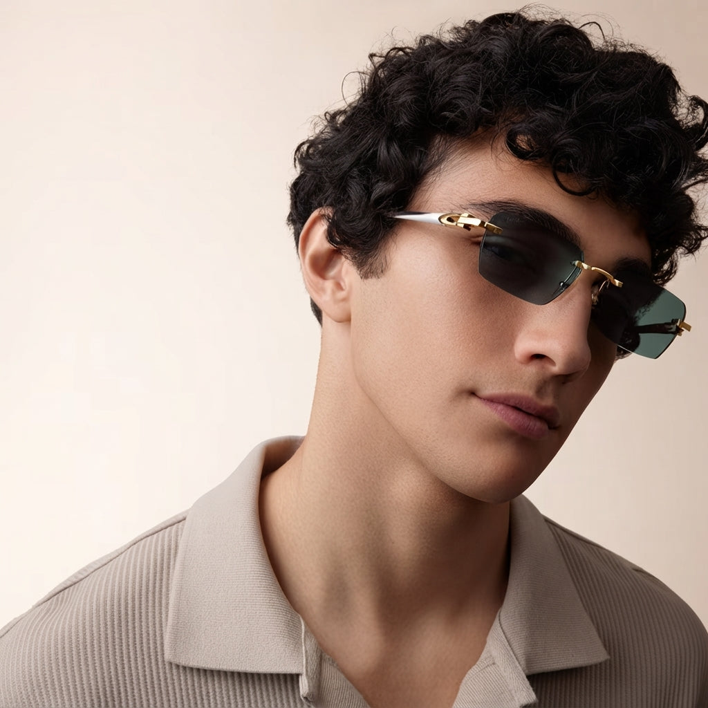 Cartier Elongated C de Motif Men Rimless Green Sunglasses