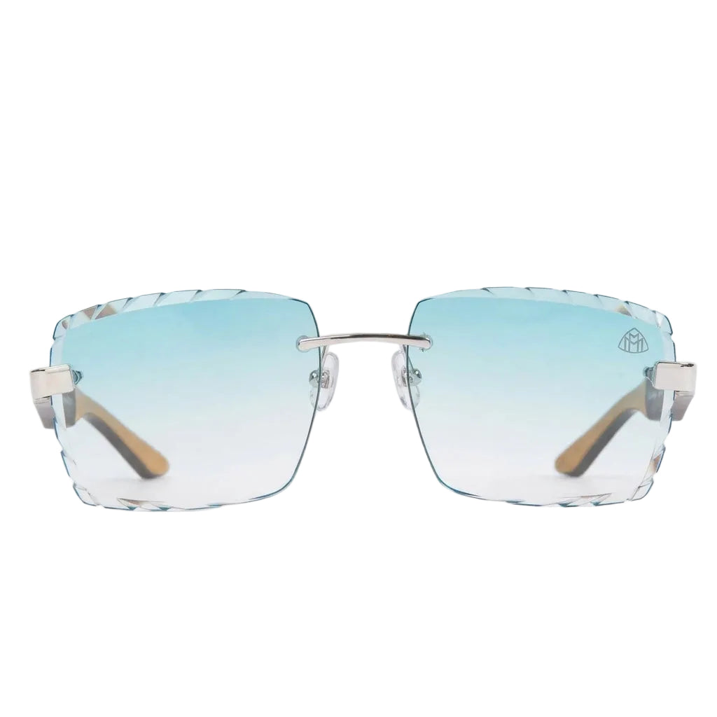 Maybach The Artist III Unisex P-WCW-ZZ5 Teal/Tiffany Blue Wood Platinum Diamond-Cut Rimless Luxury Sunglasses