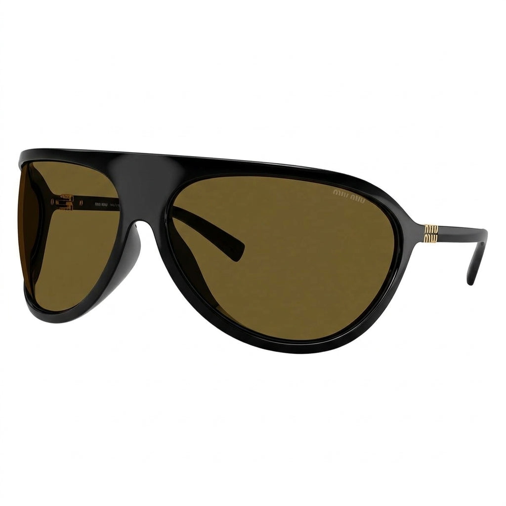 Miu Miu MU A01S Unisex Aviator Shield Shiny Black / Warm Brown Sunglasses