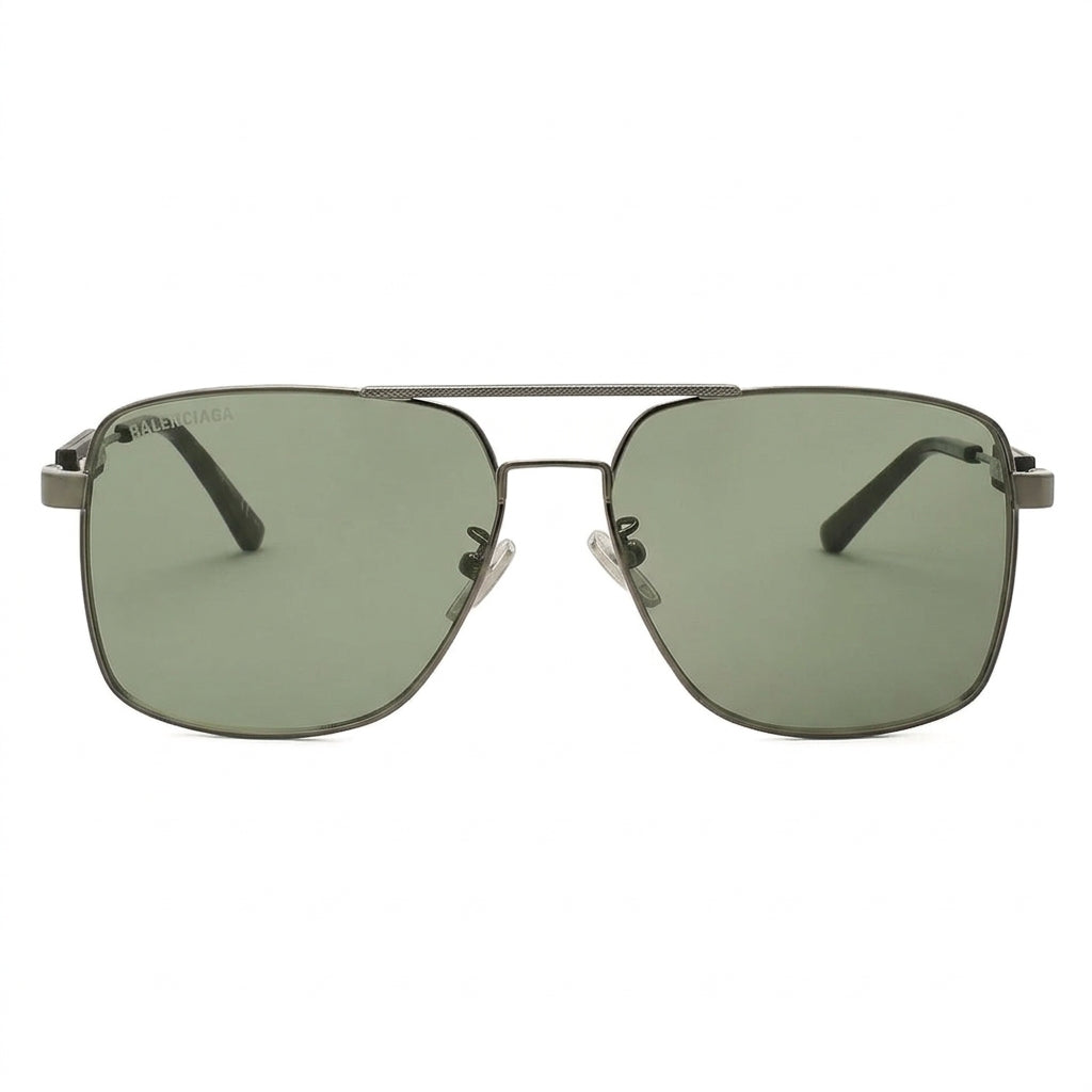 Balenciaga Men Tag BB0116SA Dark Silver / Green Double-Bridge Square Aviator Sunglasses