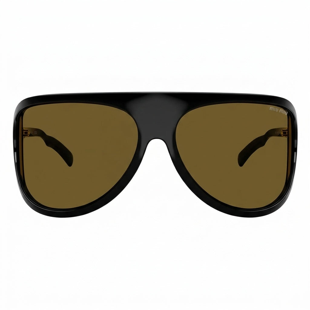 Miu Miu MU A01S Unisex Aviator Shield Shiny Black / Warm Brown Sunglasses 
