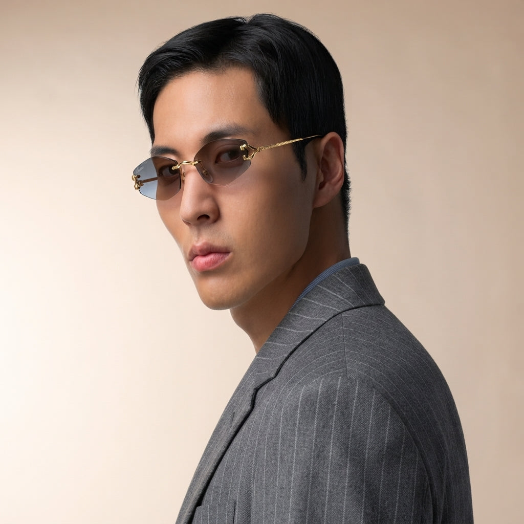 Cartier Classic C Motif Men Rimless Hexagonal Grey Gradient Sunglasses