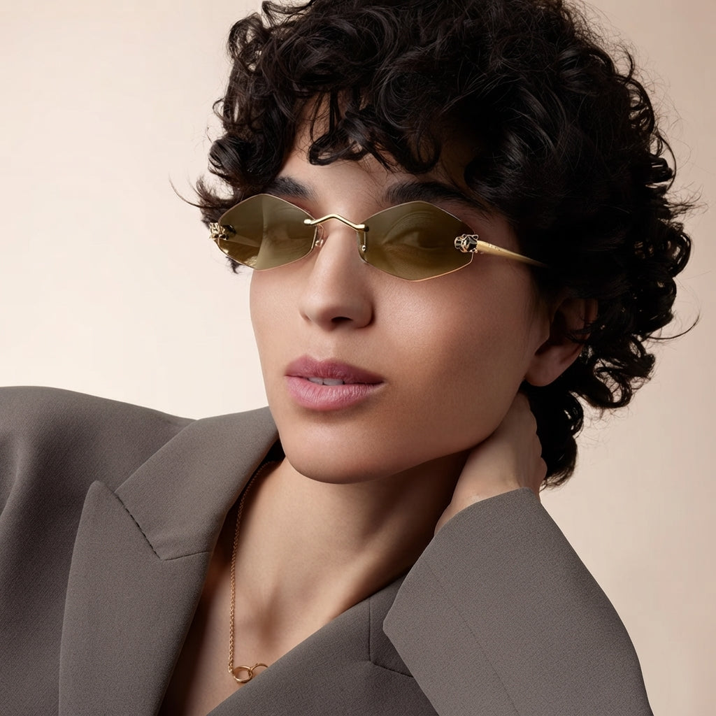 Cartier Panthère de Unisex Rimless Hexagonal Brown Gradient Sunglasses