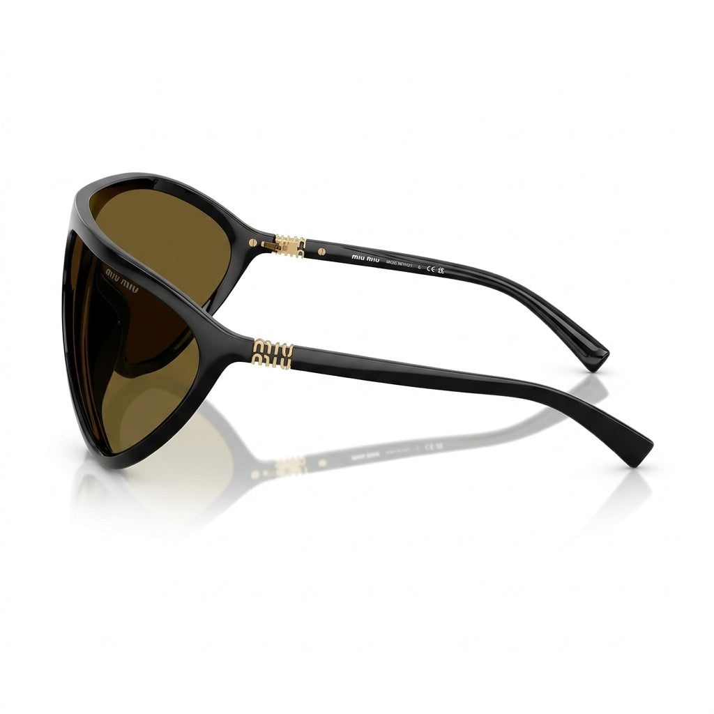 Miu Miu MU A01S Unisex Aviator Shield Shiny Black / Warm Brown Sunglasses