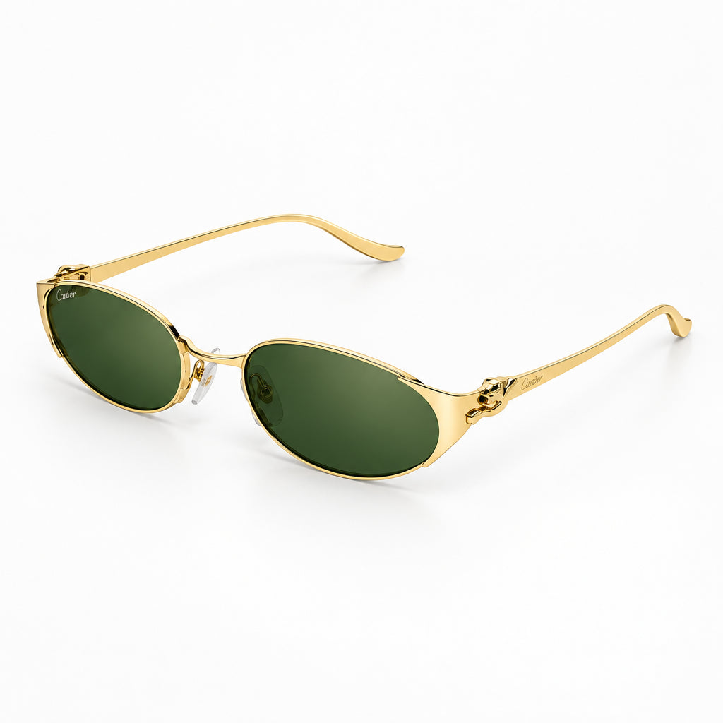 Cartier Panthère de C Women Oval Gold & Green Mirrored Lenses Sunglasses