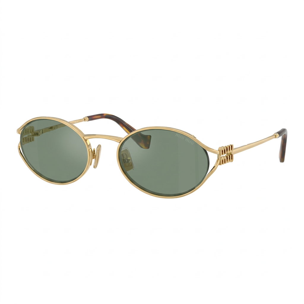 Miu Miu Women Logo Gold Oval Green Mirror Internal Silver Sunglasses