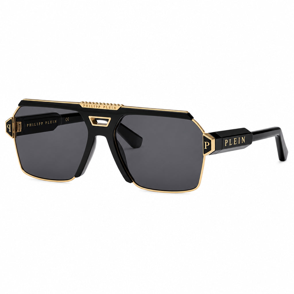 Philipp Plein Unisex Contemporary Flat-Top Aviator Black & Gold Sunglasses
