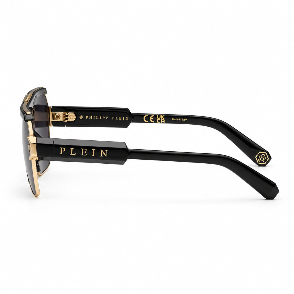 Philipp Plein Unisex Contemporary Flat-Top Aviator Black & Gold Sunglasses