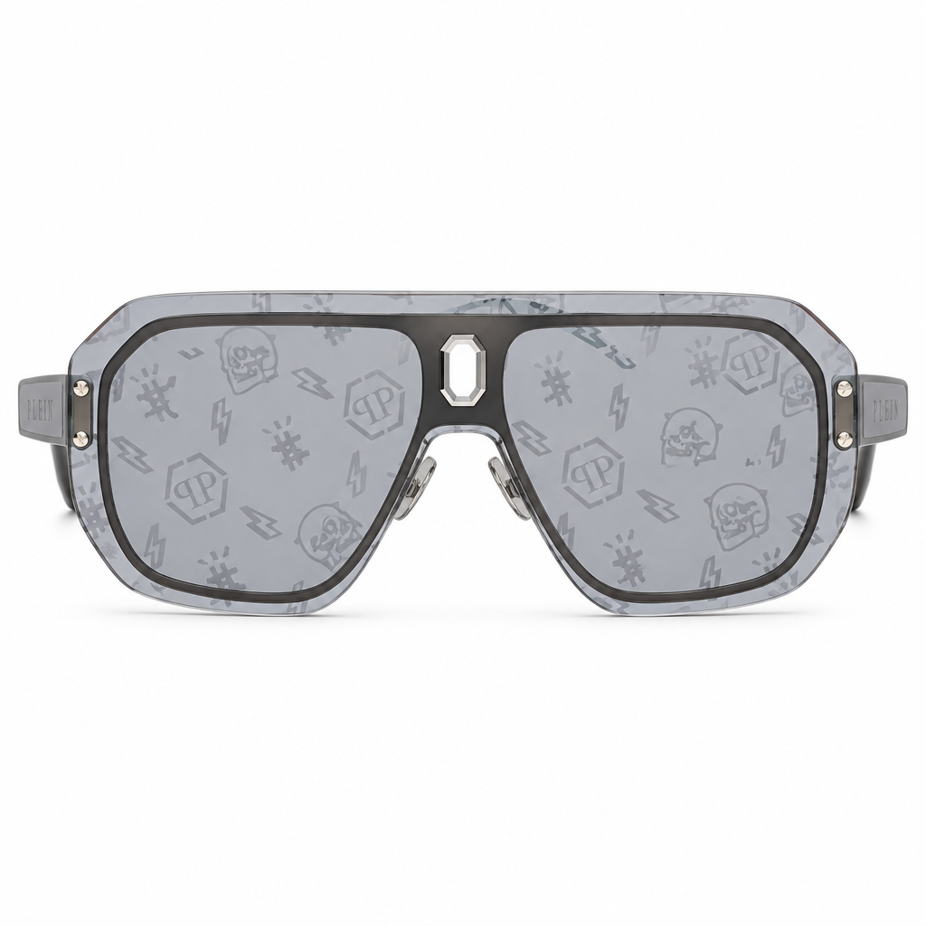 Philipp Plein Unisex Shield Semi-Matt Grey / Graphic Print Sunglasses