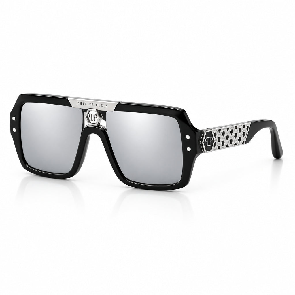 Philipp Plein Unisex Shiny Black & Silver Aviator Sunglasses