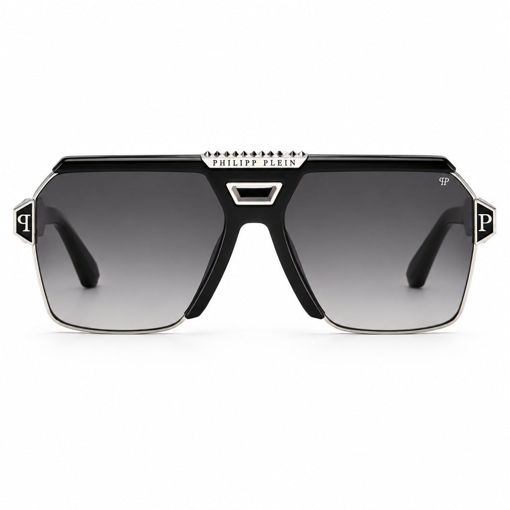 Philipp Plein Unisex Contemporary Flat-Top Aviator Black & Silver Sunglasses