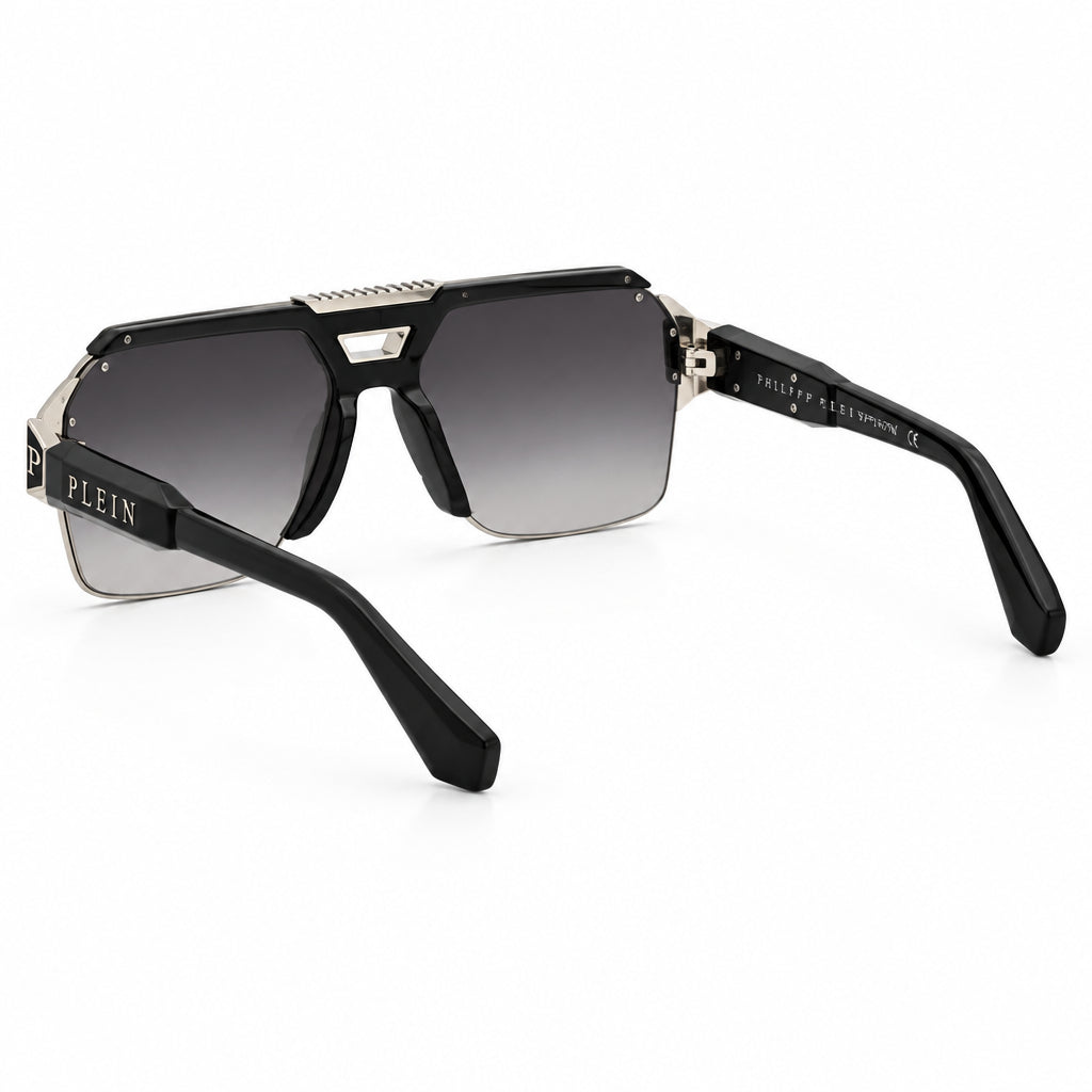 Philipp Plein Unisex Contemporary Flat-Top Aviator Black & Silver Sunglasses
