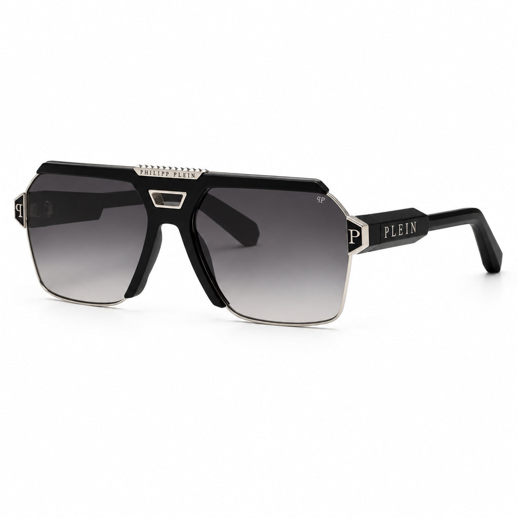 Philipp Plein Unisex Contemporary Flat-Top Aviator Black & Silver Sunglasses