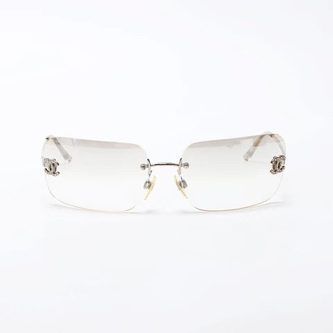 Chanel Unisex Coco Mark Clear Rhinestone Rimless Silver Sunglasses