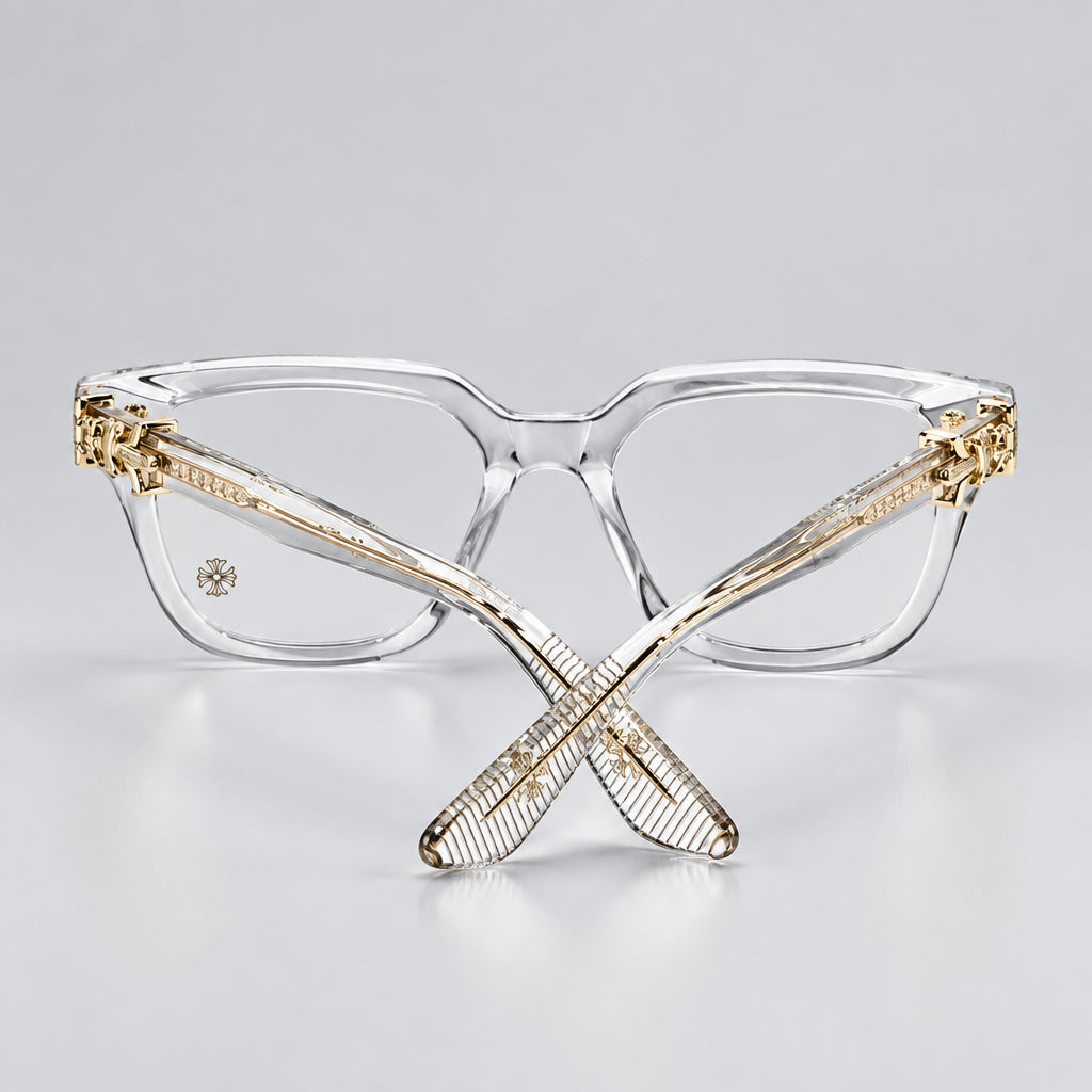 Chrome Hearts Men Vagillionaire II Square-Frame Crystal/Gold Glasses