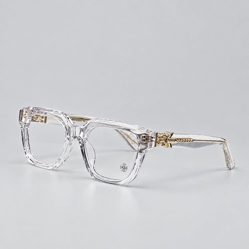 Chrome Hearts Men Vagillionaire II Square-Frame Crystal/Gold Glasses