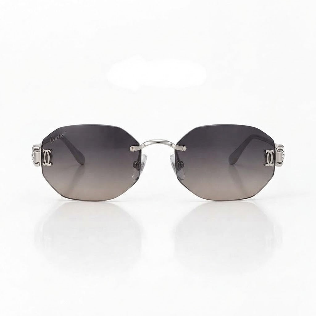 Cartier Panthère de Unisex Rimless Hexagonal Silver Finish Grey Gradient Sunglasses