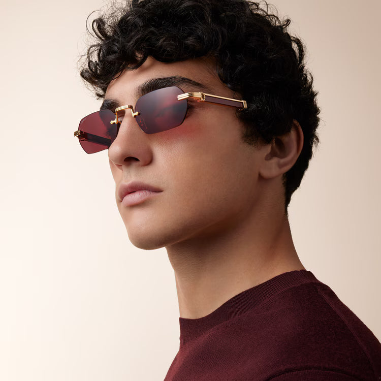 Cartier Première de Men Rimless Rectangular Burgundy Wood Temples & Burgundy Sunglasses