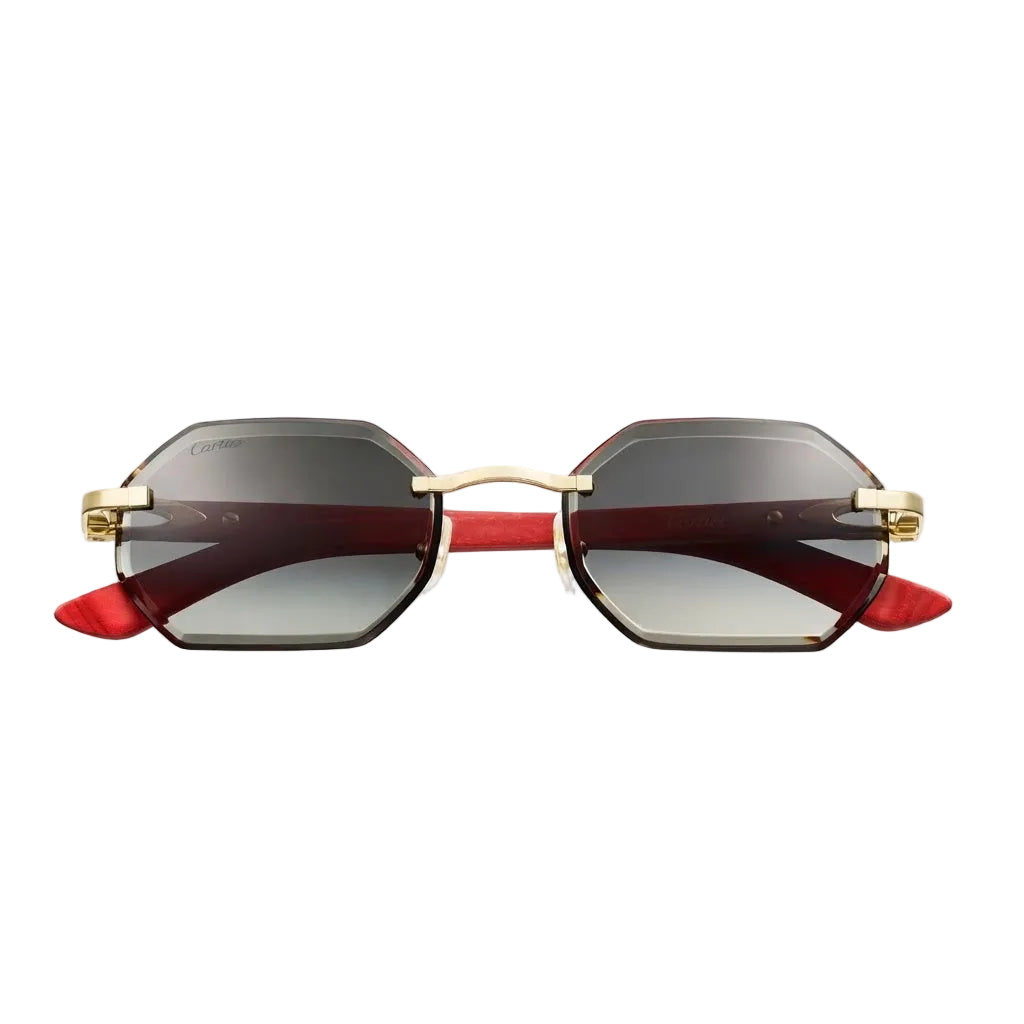  Cartier Allongé de Motif Men Rimless Red Wood Temples Grey Sunglasses