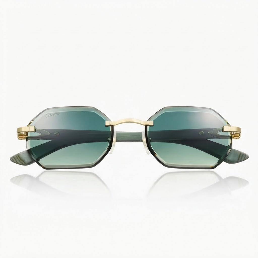 Cartier Allongé de Motif Men Rimless Green Wood Temples Green Sunglasses