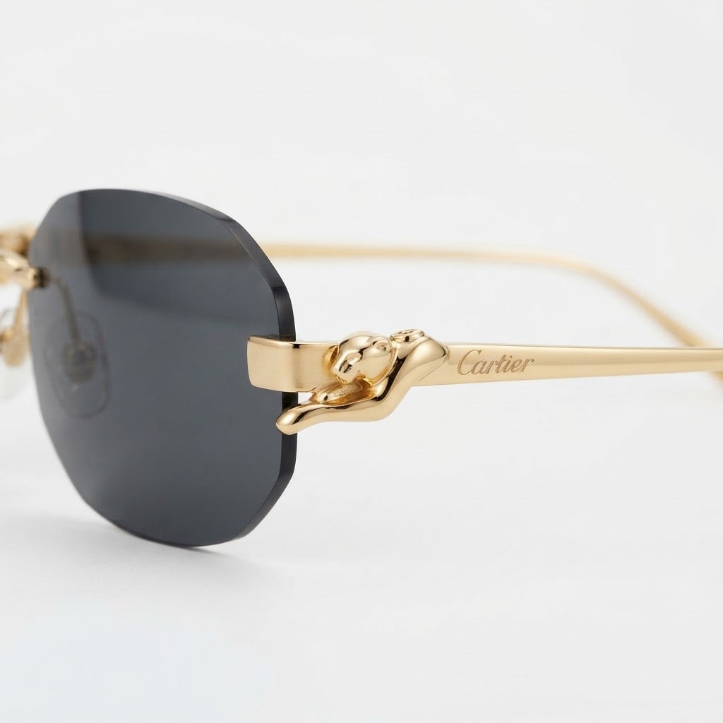 Cartier Panthère de Unisex Rimless Hexagonal Gold Finish Black  Sunglasses