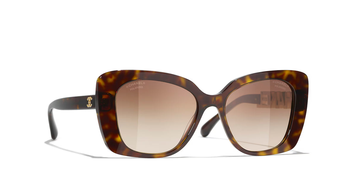 Chanel Women Acetate Strass Polarized Square Gold Stone Logo Sunglasses