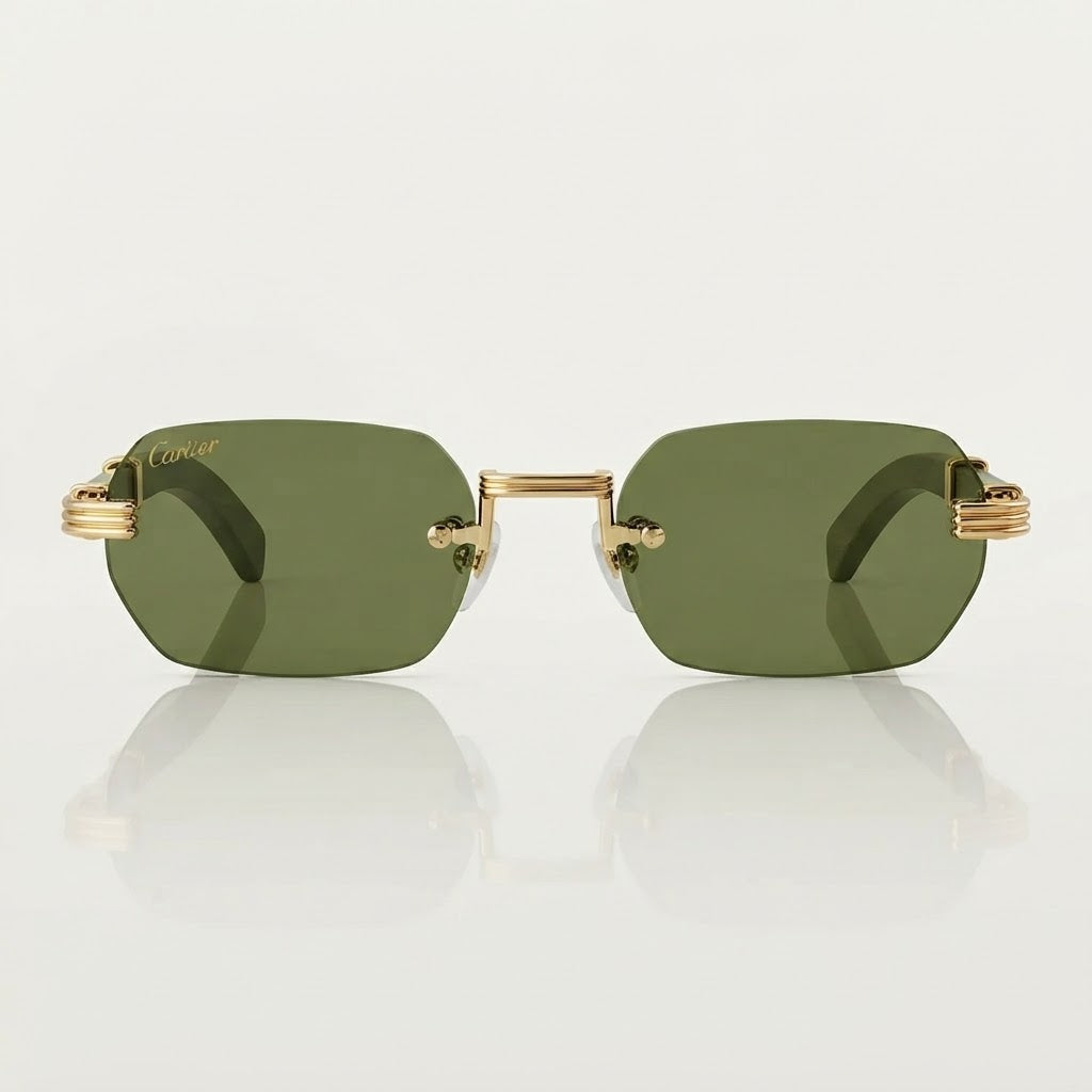  Cartier Première de Men Rimless Rectangular Gold Green Wood Sunglasses