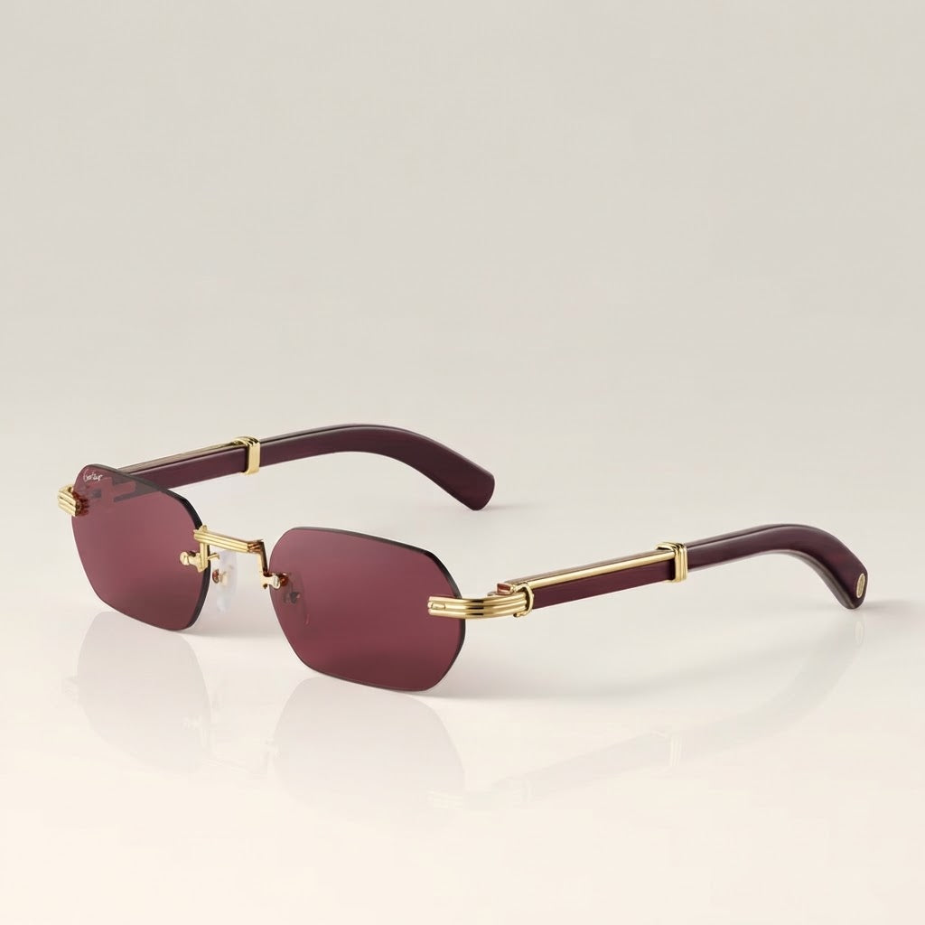 Cartier Première de Men Rimless Rectangular Burgundy Wood Temples & Burgundy Sunglasses