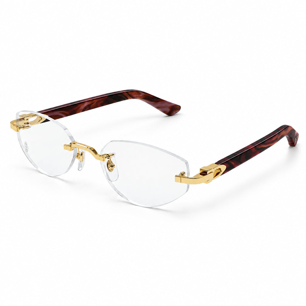 Cartier Women Rimless Cat-Eye Shiny Gold & Red Temple Transparent Eyeglasses