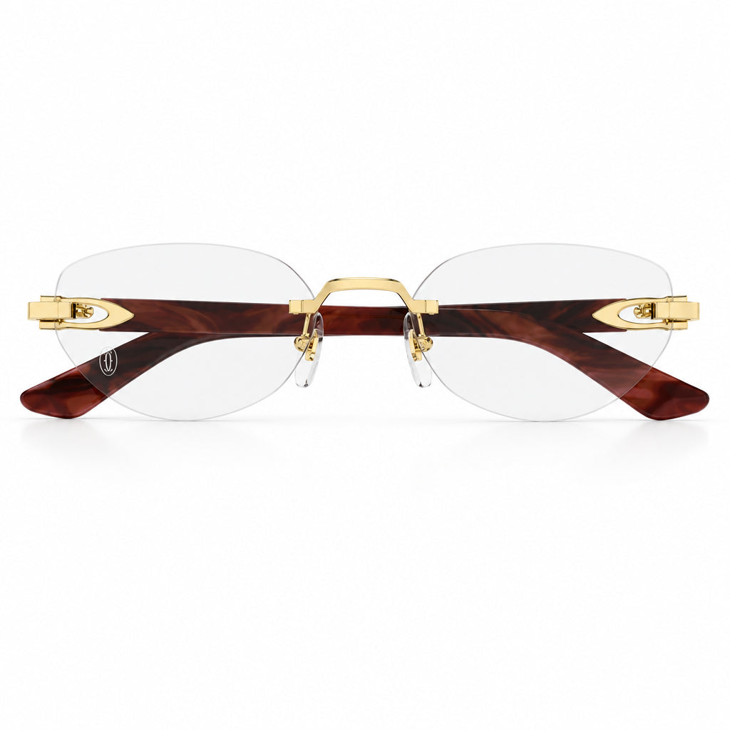Cartier Women Rimless Cat-Eye Shiny Gold & Red Temple Transparent Eyeglasses
