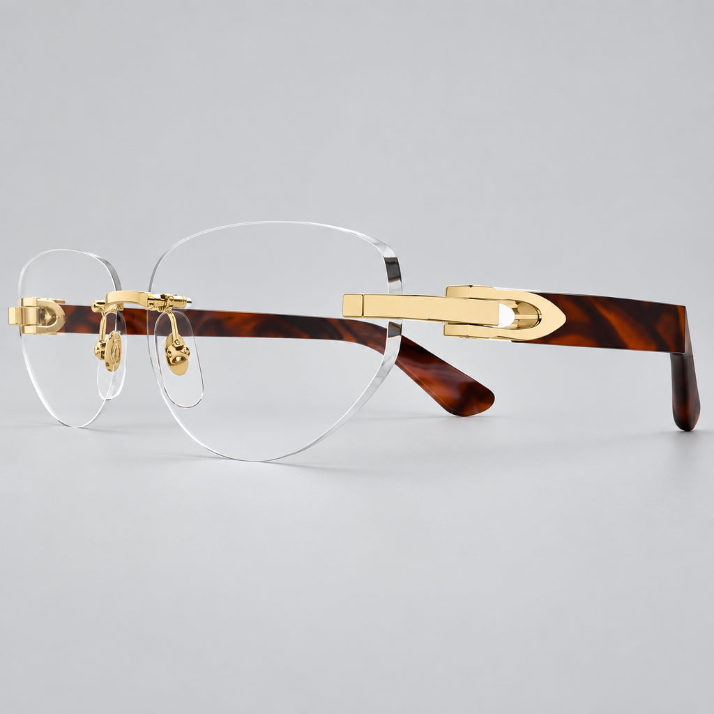Cartier Women Rimless Cat-Eye Shiny Gold & Red Temple Transparent Eyeglasses